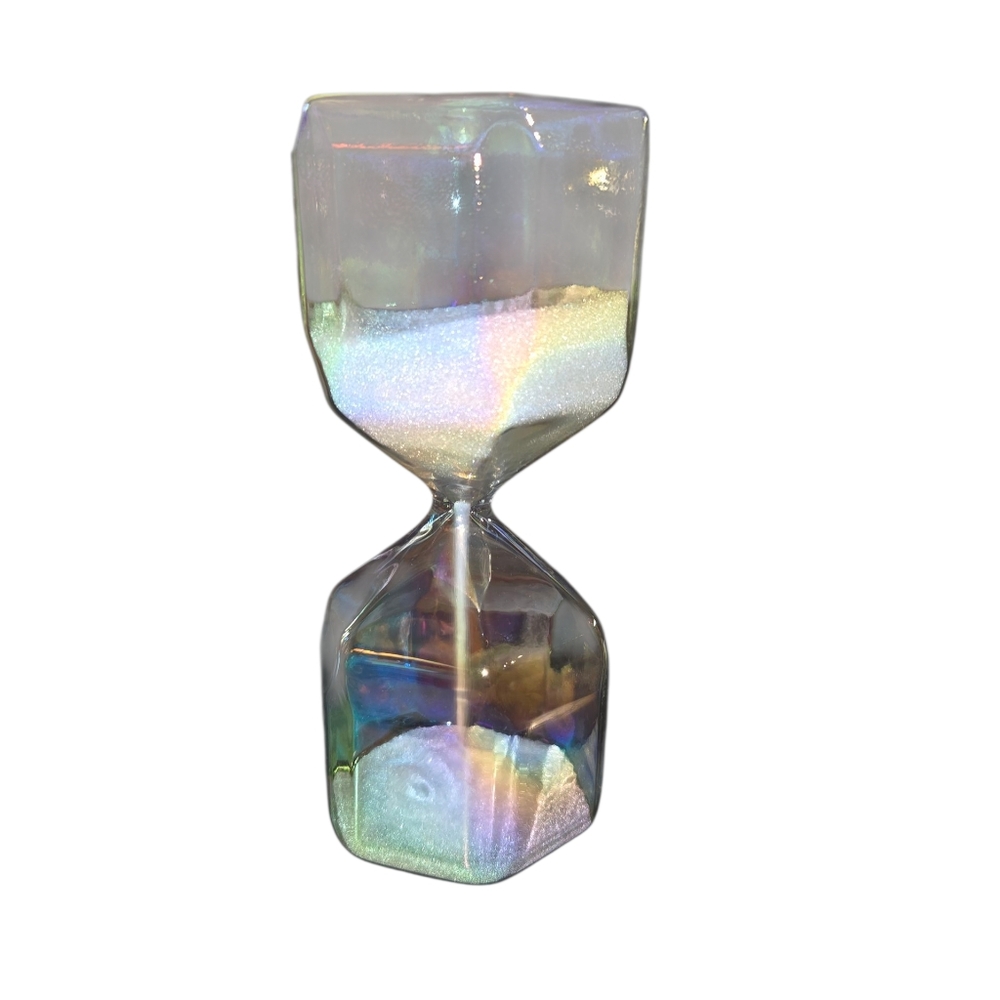 Iridescent Blown Glass & White Sand Hexagonal‎ "Hourglass" Decor 6"X2.25"X2.75"